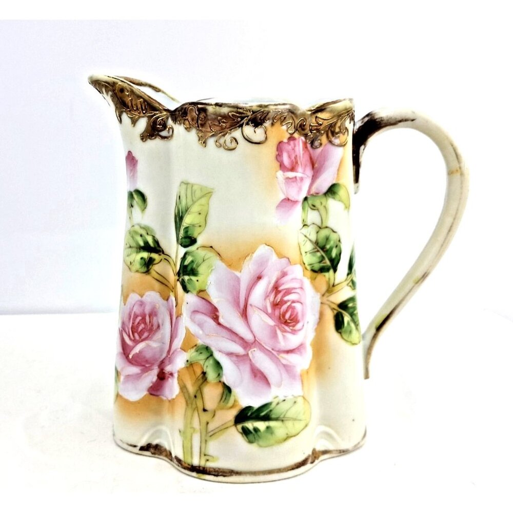 Antique IE&C Co Japan Hand Painted Pitcher - Pink Roses & Gold Gilt - Nippon Era